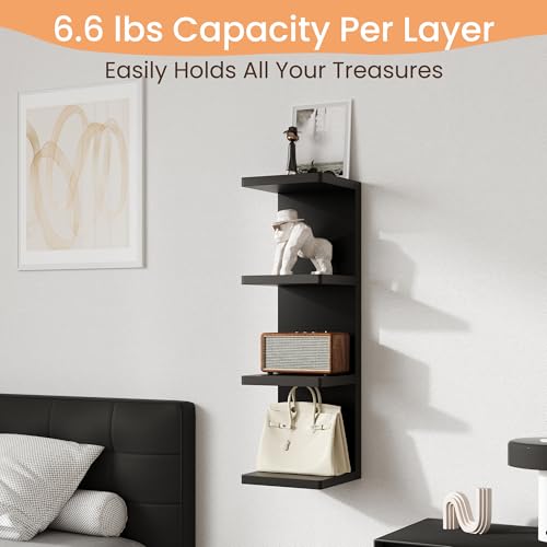 Image of upsimples 4 -Tier Floating Wall Shelf, Black Vertical Vanity Decor Shelves | Wall Display for Bag, Purfume, Shoes, Books, Storage Shelves for Bedroom, Living Room, Home Decor