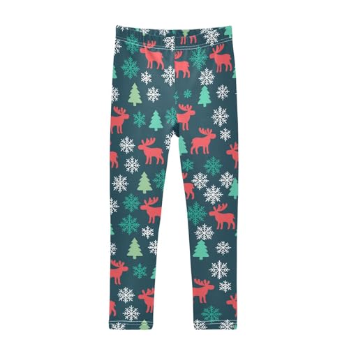 Xmas Elk Tree Snowflakes Green Girls Leggings Ultra Soft Compression Yoga Gym Pants for Kids 4-10T