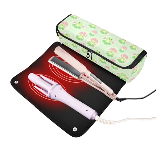 Bolso de viaje para herramientas de cabello y alfombrilla resistente al calor con cremallera, estuche protector impermeable para planchas y rizadores, diseño de rana y seta miniatura 2