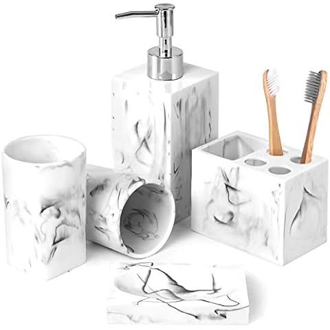 Haturi Bathroom Accessories Set, 5 Pcs Marble Look Bathroom Sets Soap Dispenser & Toothbrush Holder Set, Counter Top Restroom Apartment Decor Stuff, Resin Kits, Gift for Women and Men, Ink White Cover