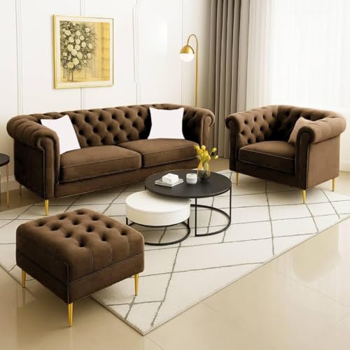 Image of Classic 3+1= 4 Seater with Footrest Seater Sofa Set Luxury Chesterfield Modern Fahionalable Sleeper Sofa for Living Room, Dining Room, (Brown A1)