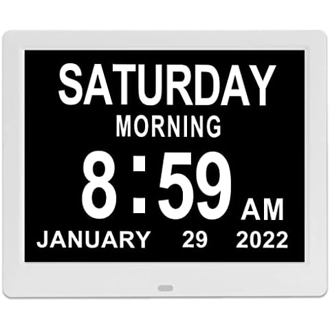 Digital Calendar Day Clock- 8 Alarms Auto-Dim Battery Backup Extra Large Non-Abbreviated Dementia Clocks Alzheimer Memory Loss Vision Impaired Alarm Clock for Seniors Elderly Cover
