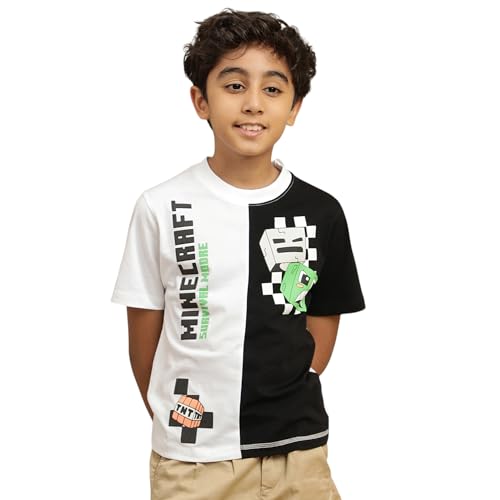 Image of Kidsville Official Minecraft Steve, Alex & Creeper Half Sleeves Round Neck Graphic Printed Regular Fit Pure Breathable Cotton Fabric Tshirt for Boys
