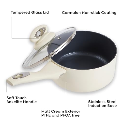 Cermalon Matt Cream 5-Piece Ceramic Cookware Collection - Featuring 2 Frying Pans and 3 Saucepans with Grey Sparkle Non-Stick Finish - Compatible with All Hob Types - PTFE and PFOA Free - Image 2