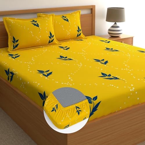 Home Ecstasy 100% Cotton Fitted King Bedsheets with 2 Pillow Covers Cotton, 140tc Floral Yellow Bedsheets for King Bed Cotton 72” x 78” or 6ft x6.5ft