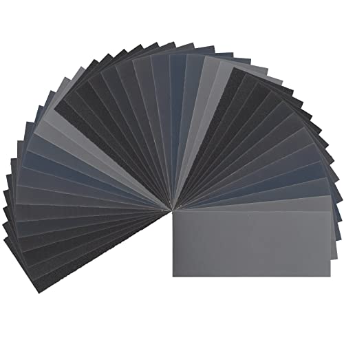 Gueenky 36 Piezas Papel de Lija, Grano 120 a 3000 Papel de Lija al Agua Seco Papel Abrasivo, 23 x 9 cm Hoja de Lija de Papel para Pulir Lijado para Carrocería Madera Pintura Metal Cover