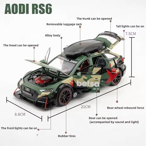 Image of SPITEN Audi RS6 Militery Supercar 1:24 Diecast Scale Model Metal Pull Back Toy car for Kids with Openable Doors & Light, Music Toy Vehicle for Kids - Colors as Per Stock