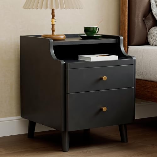 Image of Nightstand with Drawers, Pre-Assembled, 19.7 inch H Natural Solid Wood Night Stand with Open Sliding Shelf, Mid Century Modern Small Bedside Table Cabinet for Bedroom, Black 16 inch