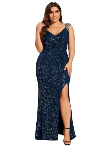 Image of Ever-Pretty Women's Glitter V Neck Sleeveless Plus Size Formal Dresses High Split Bodycon Prom Dress Evening Gowns