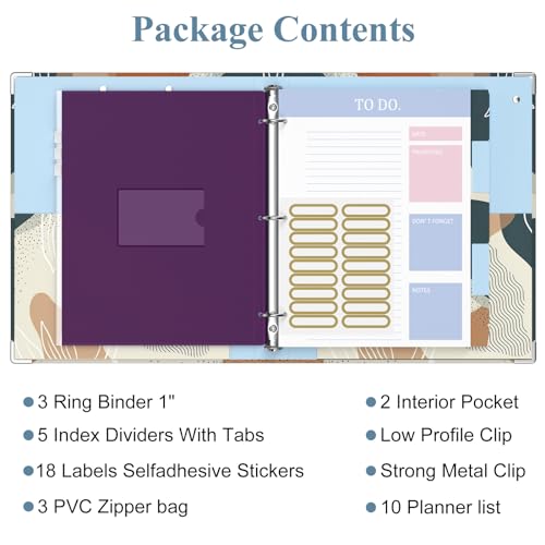 Image of 3 Ring Binder, 1 Inches Round Ring Binder with Clipboard, Dividers Tabs, PVC Zipper Bag Sleeves & to Do List Planners for Women, Men, School, Office Supplies, Boho Leaf