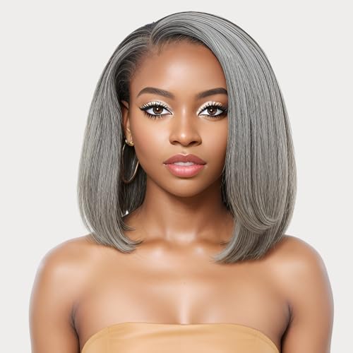 BAOHUKE 12" Glueless Salt And Pepper Human Hair Wigs
