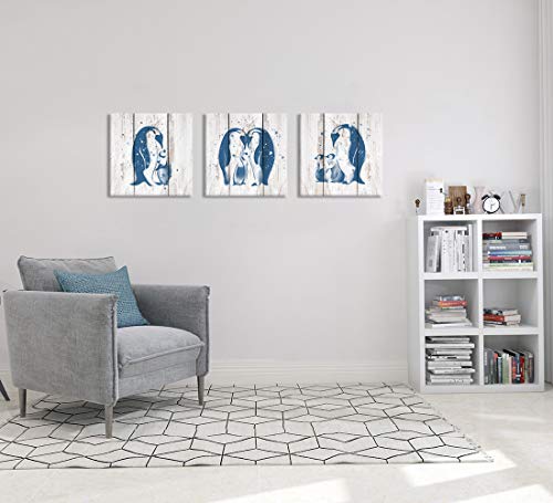 Zlove 3 Pieces Animals Painting Canvas Wall Art Teal Blue Penguin Family Love On Vintage Wood Background For Living Room Bedroom Bathroom Stretched And Framed Ready To Hang 12X12Inchx3Pcs #TOP1