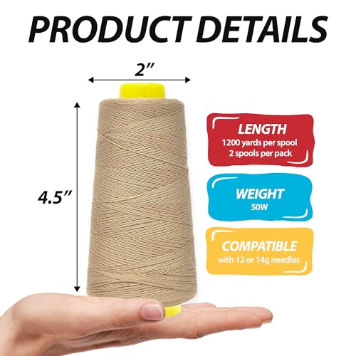 Image of Mandala Crafts Beige Mercerized Cotton Thread Cones for Sewing Quilting | 2400 Yds 50 WT, 100% Long Staple Cotton, Multipurpose, for Embroidery, Piecing, Sergers, Applique, Machine and Hand Sewing