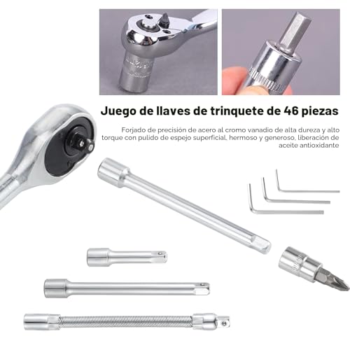 Miniatura 5 de Juego De 46 Llaves De Trinquete De 1 4 Pulgadas Con Barra De Extensión De Broca, Herramienta De Llave De Trinquete Métrica Para Reparación De Automóviles