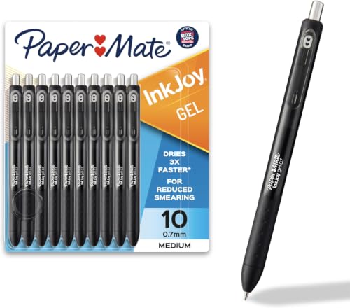 Image of Paper Mate InkJoy Gel Pens, Black, Medium Point (0.7mm), Comfort Grip, 10 Count - Fast Drying Ink, Smooth Writing, Office Supplies (Pack of 12)
