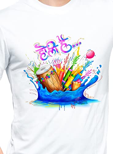 Image of Knitted Polycotton Fabric Regular Fit Men Boys Half Sleeve T-Shirt for Festival of Holi Style 9 White Size : Free
