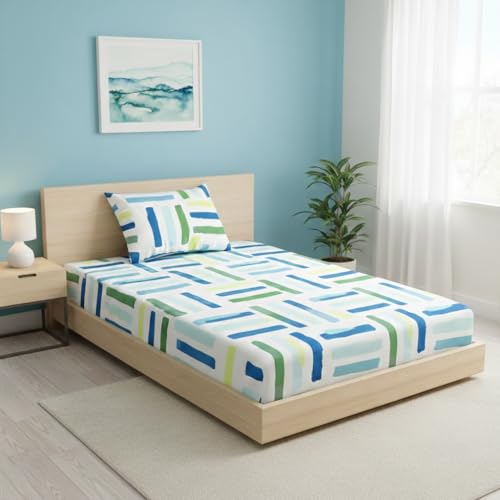 Image of Blue Strip 220TC Glace Cotton Elastic Fitted Bedsheets Single Bed with 1 Pillow Cover | Single Bed with All Around Elastic, Size 42 X 75 Inches (Green Line)