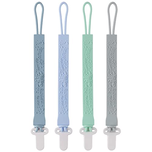 Image of Silicone Pacifier Clip, 4 Pack One Piece Dinosaur Pacifier Clip Holder for Baby Boys Girls, Flexible Pacifier Clips for Baby Essentials, Safe for Newborns, Teething Relief, Rust-Free Holder Clip