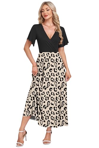 AUSELILY Maxikleider Damen Sommer Kleid Lässig Hohe Taille Lockere Passform Mit Taschen Beige Leopard XS 4