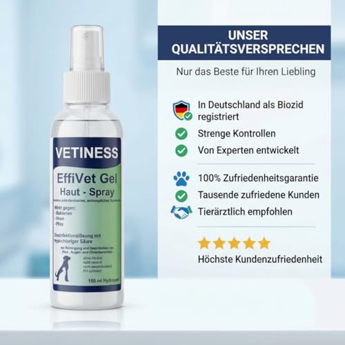 vetiness EffiVet Gel - Hautspray 150 ml für Hunde und Katzen - Reinigung und Desinfektion - Alternative zu Wundgel Katze und antiseptische Wundsalbe Hund