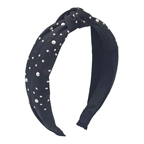 MHDGG Bandana Headband for Women,Rhinestone Knot Headband Shining Pearl Headband Handmade Turban Hair Hoops Accessories Hair Hoops with Bow Cross Head Band Wrap,Black
