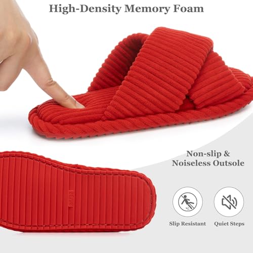 Image of GOEWY House Slippers for Women Fuzzy Womens Slippers Indoor Outdoor Open Toe With Cross Band Corduroy Memory Foam Warm Gifts for Woman Size 7 8.5 Red