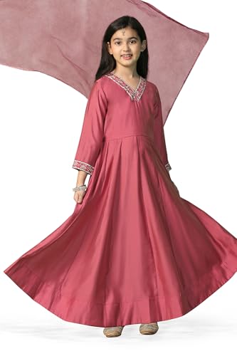 Image of Fashion Dream Girls Chanderi Embroidered Maxi Dress with Dupatta|Ethnic Gown for Kids