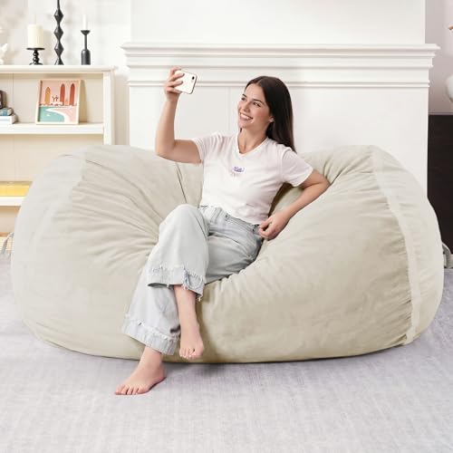 Image of 5FT Bean Bag Chair 5'Giant Bean Bag Chairs with Adults, Large Beanbag Chair | Bean bag Lounger with Machine Washable Cover Dutch Velvet Fabric, Comfy Chairs for Living Room Bedroom Dorm, Beige