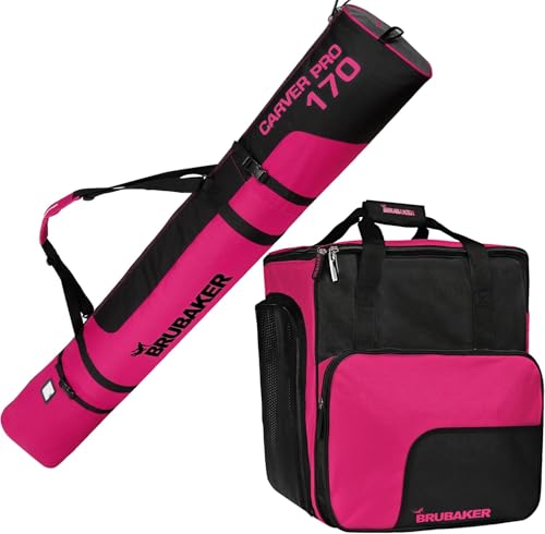 BRUBAKER Superfunction -Limited Edition - Combo Ski Boot Bag and Ski Bag for 1 Pair of Ski, Poles, Boots and Helmet - Dark Pink Black