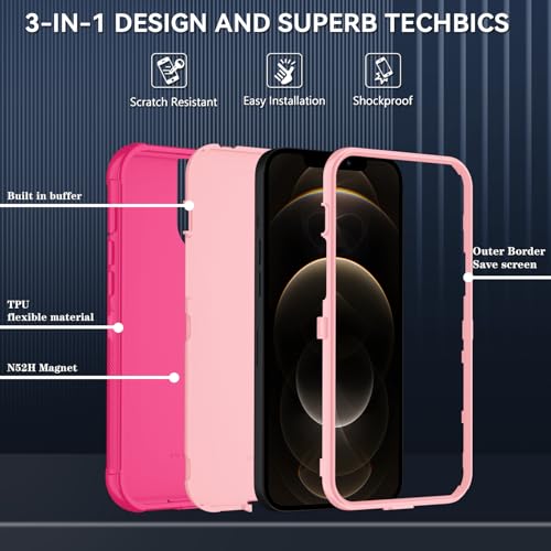 Image of SunStory Compatible with iPhone 12 /12 Pro Case with HD Screen Protector, 3-Layer Heavy Duty Full-Body Cover,3 in 1 Hybrid Protective Case for iPhone 12 /12 Pro 6.1 inch,PinkRed