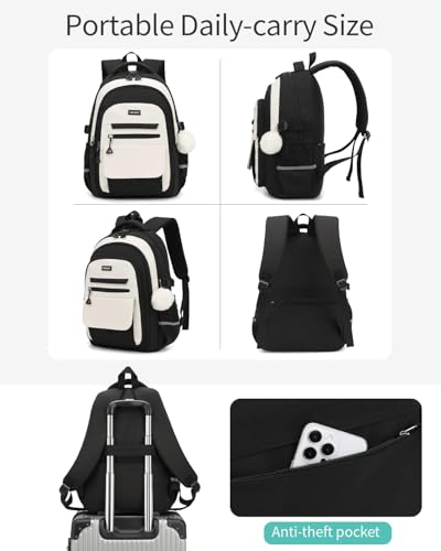 Image of School Backpack for Teen Girls, Large Capacity Laptop Bag for High School Middle School Elementary, Aesthetic Bookbag College Women, Beige Black