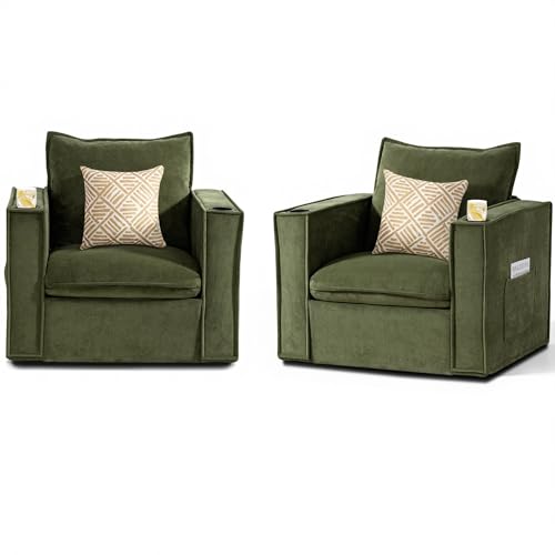 Image of 32 inch Wide Swivel Accent Chair Set of 2 with Cup Holders, Green | Comfy Armchair, Side Pockets, Modern Chenille Sofa Couch, Living Room, Bedroom, Corner