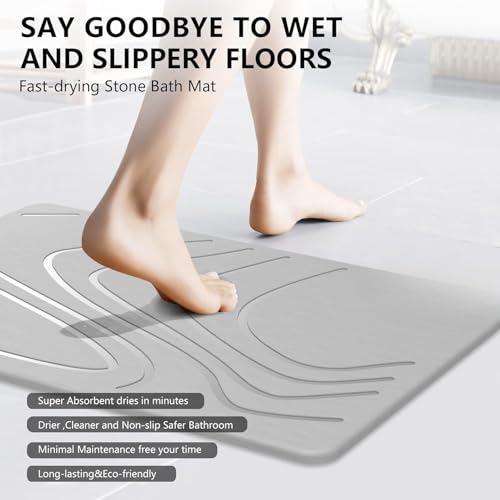 Image of BELADOR Rubber- Stone Bath Mat, Diatomaceous Earth Shower Rectangular Shape Mat, Non-Slip Super Absorbent Quick Drying Bathroom Floor Mat, Natural, Easy to Clean (Light Grey Wave)