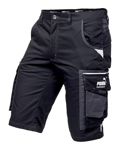 PUMA Workwear Precision X - Kurze Arbeitshose Herren - Robuste & Flexible Arbeitsshorts - Viele Taschen und Bequeme Passform - Ideal für Handwerk Heimwerk und Baugewerbe - Schwarz/Anthrazit - Gr. 52