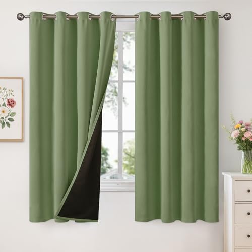 Image of YoungsTex 100% Blackout Curtains 63 Inch Length 2 Panels, Room Darkening Drapes with Liner Thermal Insulated for Bedroom Window, Green, 52 X 63 Inch