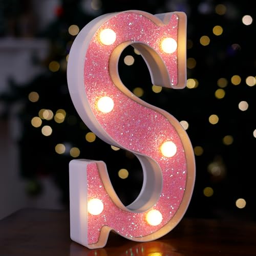Image of LED Letter Lights Pink Glitter Marquee Letters Light Up Alphabet Letters Sign Battery Powered for Home Party Decoration Night Bar Wedding Birthday Christmas Lamp Girls Gift - Letter S