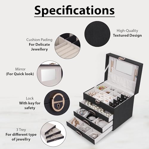 Image of BucketList Luxury PU Leather Jewellery Organizer Box with Mirror & Lock | 3 Drawer Jewelry Storage Case with Ring Rolls & Compartments (4 Drawers Jewelry Box with Mirror (Black))