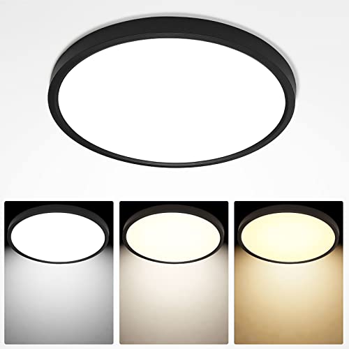 MOONSEA 28W LED Deckenleuchte Flach, Panel Deckenleuchte Rund 3000K/4000K/6000K Einstellbar Deckenlampe Rund für Schlafzimmer Flur Küche Balkon, Ø30xH2.5cm, Schwarz