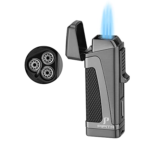 PIPITA Torch Lighter Windproof Triple Jet Flame Butane Lighter with Punch Cutter Adjustable Refillable Zinc Alloy Lighter (Butane Not Included) (Black)