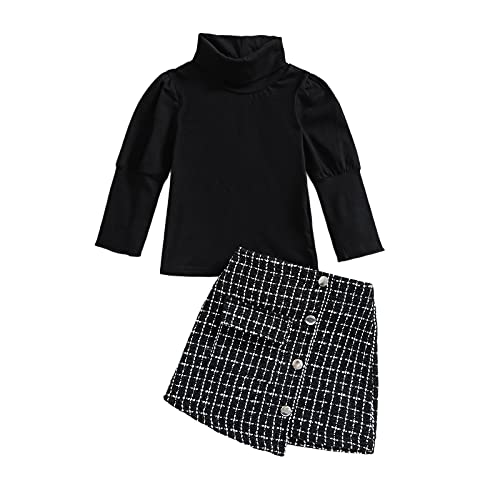 Toddler Baby Girls Fall Winter Clothes Outfits Turtleneck Knit Pullover T-shirt Tops Plaid Mini Skirts Set(Black,100(18-24 Months))
