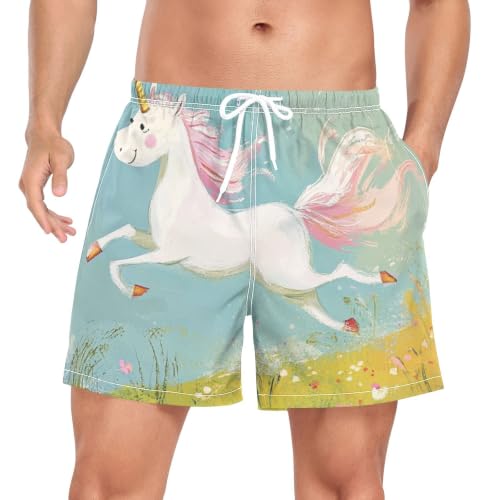 Pantalones cortos de natación para hombre de secado rápido con unicornios en el prado