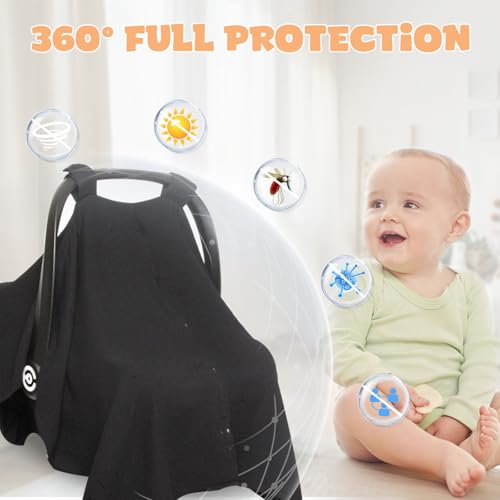 Image of Baby Car Seat Cover Muslin Infant Carseat Canopy, Peekaboo Opening Car Seat Covers, Unisex Large Universal Fit Lightweight Breathable Newborn Breastfeeding Nursing Covers