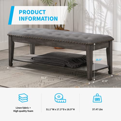 Mjkone Large Rectangular Upholstered Bench, Tufted Linen Ottoman Storage Benches With Solid Wood, Bed Bench With Storage Shelf, Entryway Bench For Bedroom/Living Room/Apartment (Dark Gray) #TOP6