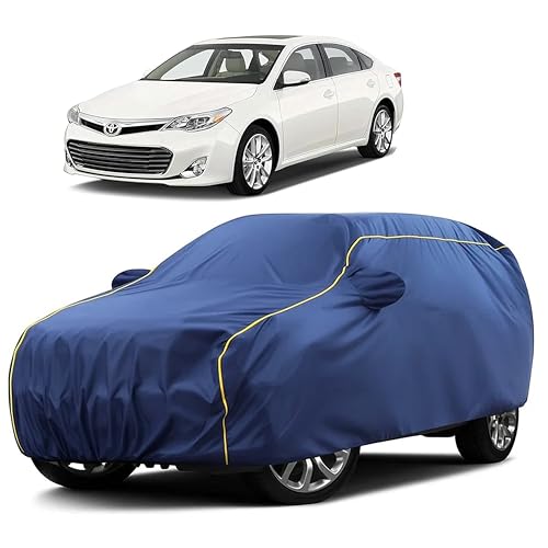 Image of Sulfar 100% Water Resistant Car Body Cover Compatible with Mirror for Toyota Avalon (Triple Stitched, Full Bottom Elastic, Blue Taffeta with Yellow Piping)