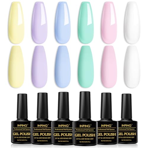 INPING Pastel Gel Nail Polish, 6 Colors Spring Summer Gel Polish, Pink Purple Blue Green Yellow White Macaron Candy Nail Varnish Set Soak Off UV/LED Beauty Set for DIY Nail Art at Home