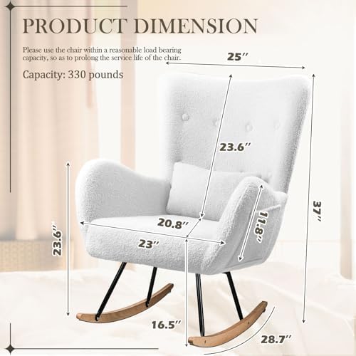 Waleaf Rocking Chair Nursery - Teddy Upholstered Indoor Glider With High Backrest, Padded Seat, and Headrest for Nursing and Bedroom (Ivory)