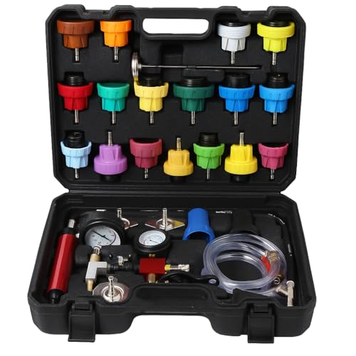 IMSTMTER Kühlsystem Abdrückgerät Kühler Prüfgerät Kühlsystemtester Inklusive Füllsystem, Kühlmittel, Kühler, Testgerät, Testkoffer (28 TLG)