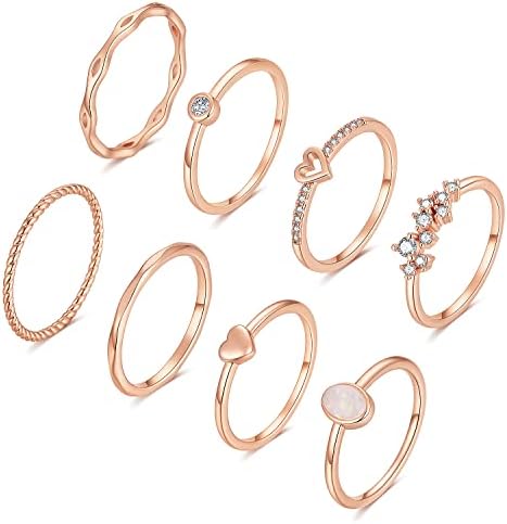 RLMOON 8PCS 14K Gold Plated Stacking Ring Set for Women Teen Dainty Thumb Stackable Rings Gold Heart CZ Promise Eternity Rings Plain Band Size 4-11 (Rose Gold, 7)
