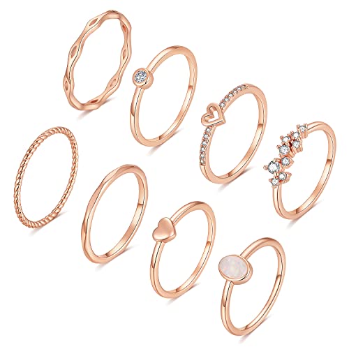 RLMOON 8PCS Rose Gold Rings for Women Non Tarnish 14K Gold Plated Stacking Rings Set Danity Thumb Stackable Rings Heart CZ Thumb Rings Plain Band Size 6