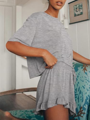 Image of Tankaneo Womens 2 Piece Shorts Set Summer Casual Short Sleeve T Shirts Drawstring Ruffle Shorts Pajamas Lounge Set